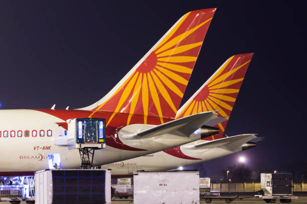 Air India Boeing 787 Dreamliner tail line up at Delhi Airport Air India's Boeing 787 Dreamliner at their hub airport Delhi Indira Gandhi International Airport. Air India has 27 Boeing 787s on order. tail fin photos stock pictures, royalty-free photos & images