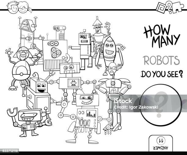 Counting Robots Coloring Page Activity Stock Illustration - Download Image Now - Child, Black And White, Leisure Games