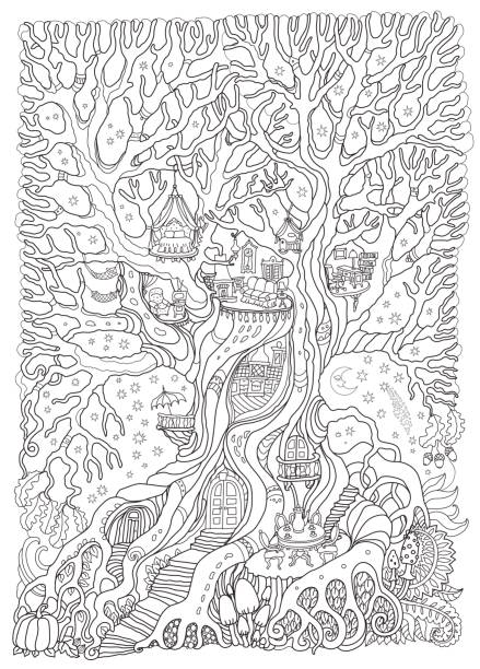 Vector hand drawn fantasy old oak tree with fairy tale house with toy furniture. Black and white sketch . Tee-shirt print. Adults and children Coloring book vertical page. Batik contour drawing Vector hand drawn fantasy old oak tree with fairy tale house with toy furniture. Black and white sketch . Tee-shirt print. Adults and children Coloring book vertical page. Batik contour drawing old oak tree stock illustrations