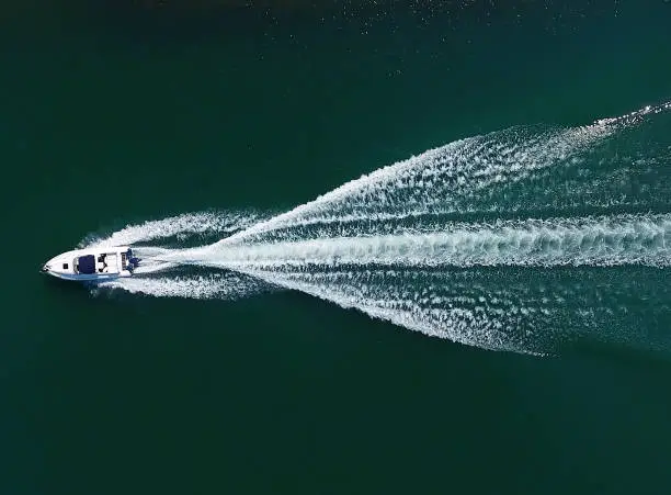 An aerial view of a motor speed yacht
