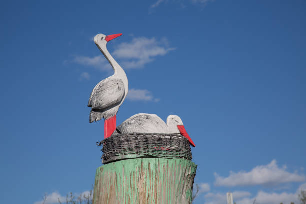 artificial storks the nest on tree shrouded in green