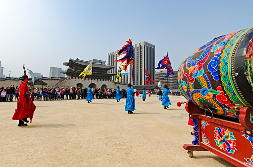 Seoul, South Korea - April 07, 2017: The Royal Guard-Changing Ceremony at Gyeongbokgung Palace. The Royal Guard-Changing Ceremony is a great opportunity to experience a rare traditional scene in Korea.