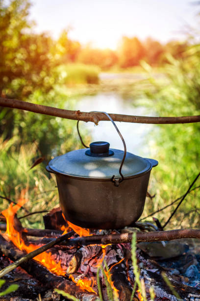 istock Cooking food in a pot on campfire 833744586