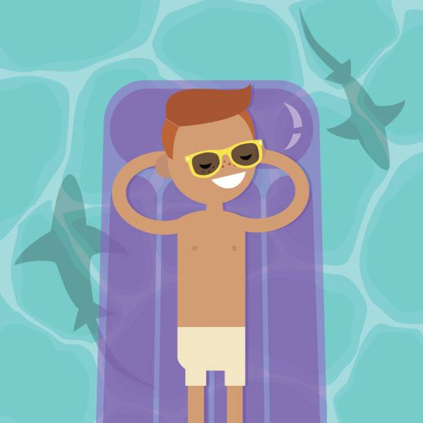 ilustraciones, imágenes clip art, dibujos animados e iconos de stock de oculta la amenaza: las sombras de tiburón en el agua. carácter sereno joven acostado en el colchón inflable. ilustración de vector completamente editable, prediseñadas - natural pool fish sea water