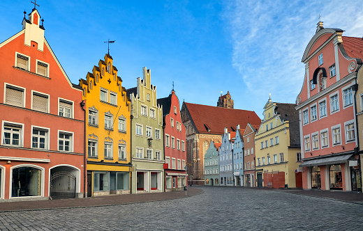 Picturesque medieval gothic houses in old bavarian town Landshut near Munich, Germany