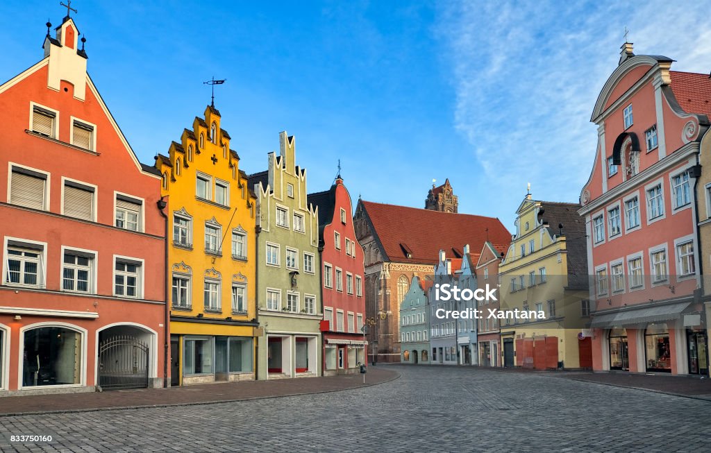 Picturesque medieval gothic houses in old bavarian town by Munich, Germany Picturesque medieval gothic houses in old bavarian town Landshut near Munich, Germany Munich Stock Photo