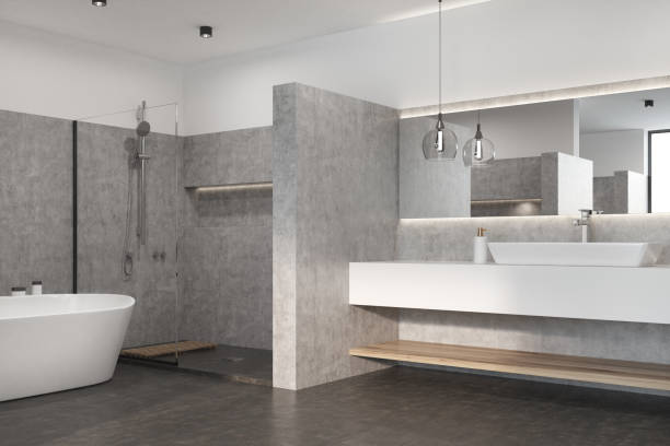 istock Gray bathroom with a white tub, sink 833752712