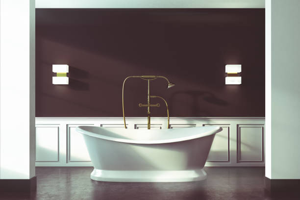 istock Black vintage bathroom, white tub, close up toned 833764954
