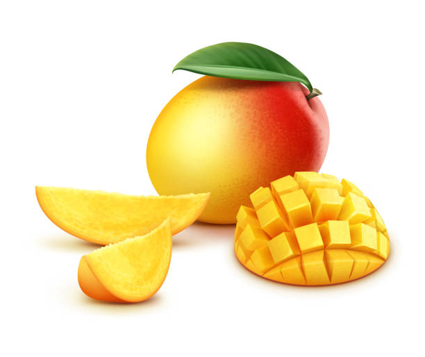ganze und geschnittene mango würfel - plum leaf fruit white stock-grafiken, -clipart, -cartoons und -symbole