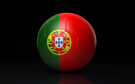 Photorealistic 3d render of a soccer ball textured with Portuguese flag on black background. Soccer ball is lit by the upper left corner of the composition and casting shadows and reflections on black ground. Horizontal composition with copy space. Clipping path is included. Great use for World Cup 2018 and football  play offs related news and concepts.