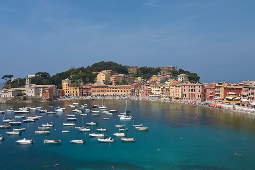 Sestri Levante, Italy,  Europe, June 16, 2017: view of silence bay beach in summer