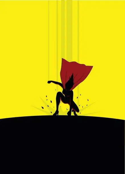 Vector illustration of Vector Female Superhero Landing Silhouette
