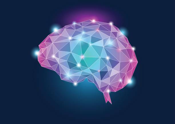 Human brain concept illustration Human brain concept illustration with purple teal colors and glow nervous tissue stock illustrations