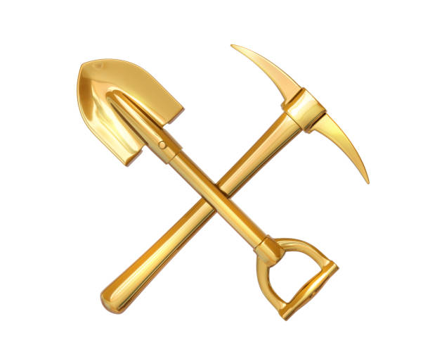 Golden pick and shovel on white isolated background. 3d render Golden pick and shovel on white isolated background. 3d render pick axe stock pictures, royalty-free photos & images