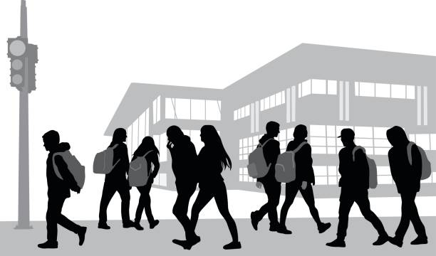 ilustraciones, imágenes clip art, dibujos animados e iconos de stock de caminata de la escuela - silhouette student teenager university