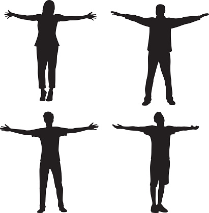 Vector silhouette of a group of people with their arms stretched out.