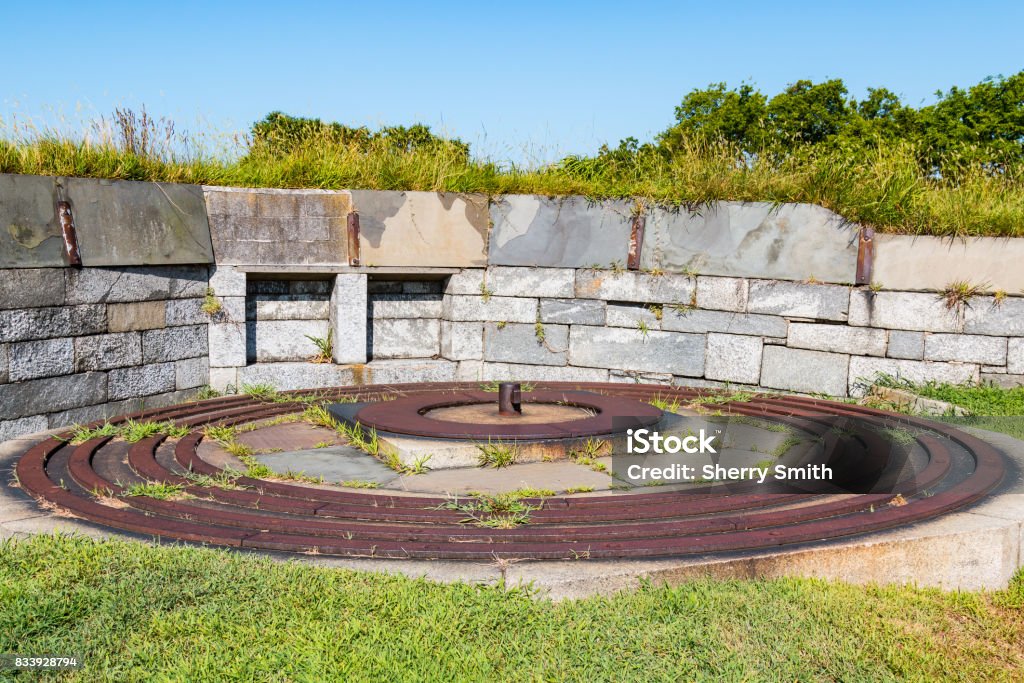 Iron Tracks for 15-Inch Rodman Gun at Fort Monroe Circular iron tracks at Fort Monroe in Hampton, Virginia for a 15-inch Rodman gun used during the American Civil War.  The guns were intended to be mounted in seacoast fortifications. Fort Stock Photo