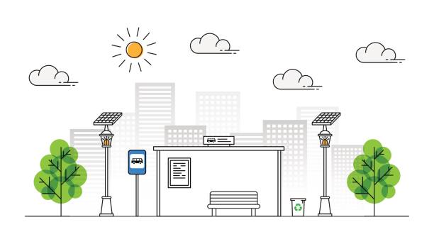 Sun energy sidewalk vector illustration Sun energy sidewalk vector illustration. Urban streetlight with solar panel to generate electricity line art concept. Street lantern with alternative energy technology on the pavement graphic design. solar street lights stock illustrations