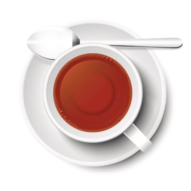 흰색 배경에 흰색, 얼굴 벡터에서 차 절연. 숟가락, 작은 접시 위에서 보기, 가기. - black tea dishware plate cup stock illustrations