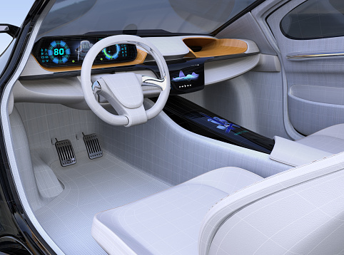 Electric vehicle interior concept in wireframe. 3D rendering image.