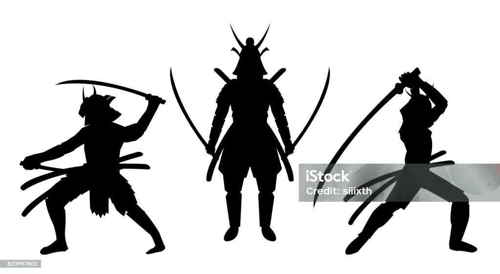 three samurai stance silhouette a white background Samurai stock vector