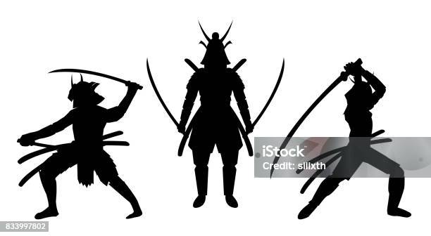 Three Samurai Stance Silhouette A White Background Stock Illustration - Download Image Now - Samurai, In Silhouette, Karate