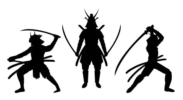 Vector illustration of three samurai stance silhouette a white background