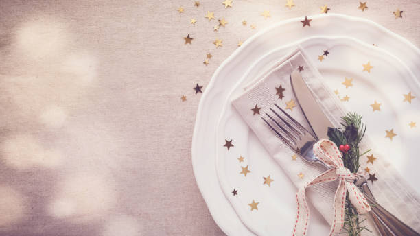 Christmas food dinner table place setting, holidays copy space background