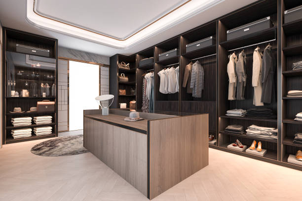 3d rendering minimal loft dark wood walk in closet with wardrobe stock photo