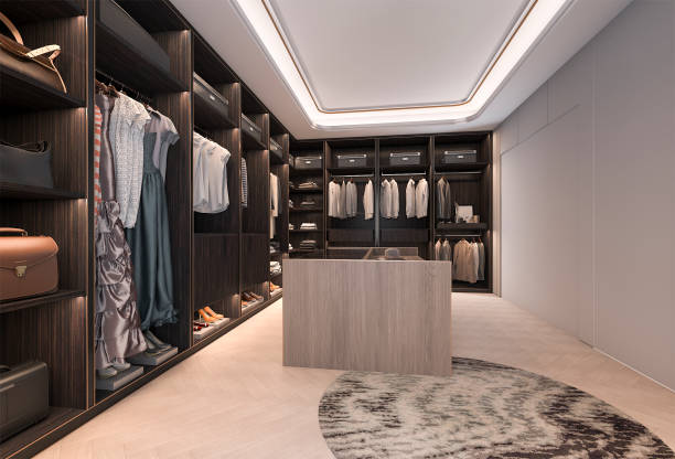 istock 3d rendering minimal loft dark wood walk in closet with wardrobe 834008664