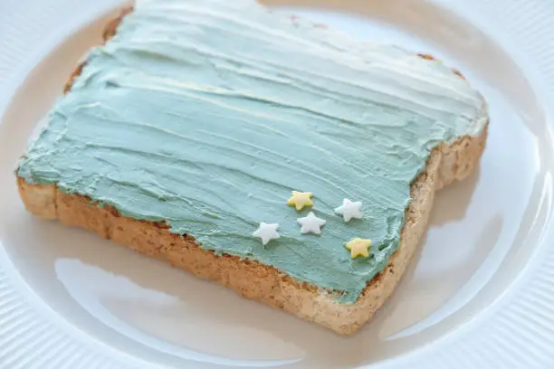 Star and mermaid spirulina blue creamcheese toast breakfast, fun healthy food art for kids