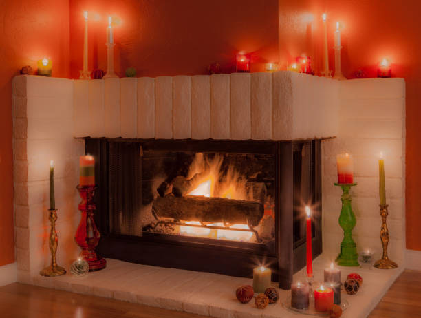 istock Cozy wraparound fireplace with fall candles and decorations (P) 834021606