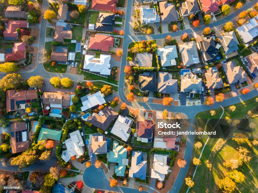 Aerial view of a typical suburb in Australia Typical Australian suburb from above in autumn House Stock Photo