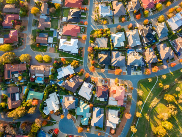 Aerial view of a typical suburb in Australia Typical Australian suburb from above in autumn district stock pictures, royalty-free photos & images