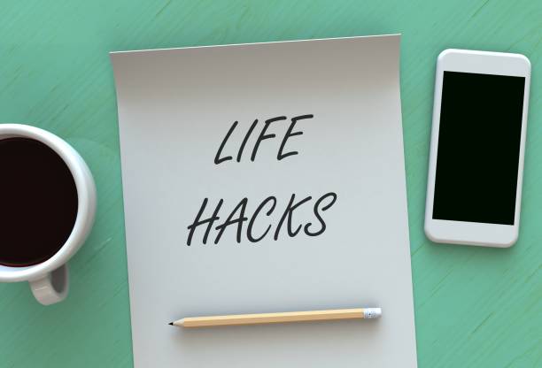 istock Life Hacks, message on paper, smart phone and coffee on table, 3D rendering 834088090