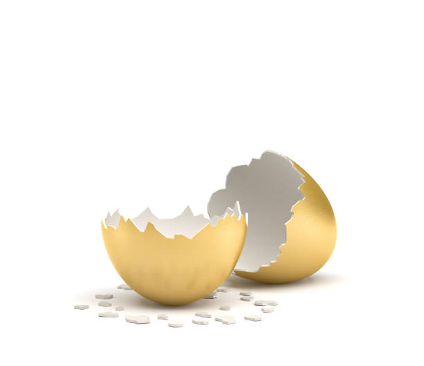 istock 3d rendering of a cracked golden egg with its two pieces lying beside each other on white background 834117174