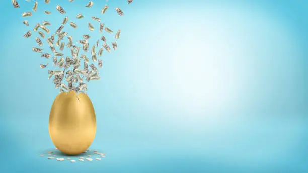 Photo of 3d rendering of a large golden egg with a broken top that lets many dollar bills fly out