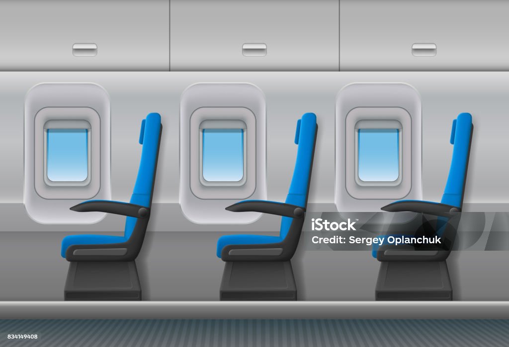 Passenger airplane vector interior. Aircraft indoor cabin with portholes and chairs seats. Vector illustration Passenger airplane vector interior. Aircraft indoor cabin with portholes and chairs seats. Vector illustration EPS 10. Airplane stock vector