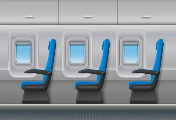 Vector illustration of Passenger airplane vector interior. Aircraft indoor cabin with portholes and chairs seats. Vector illustration