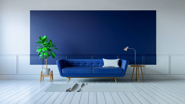 istock Vintage Blue room interior ,Blue sofa on white flooring.3d render 834173646