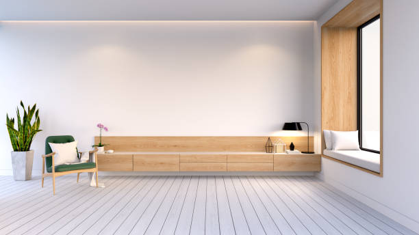 현대적이 고 미니멀한 인테리어의 거실, 나무 캐비닛 흰색 벽, 흰색 바닥, 3d 렌더링에 녹색 안락의 자 - designer living room brown white 뉴스 사진 이미지