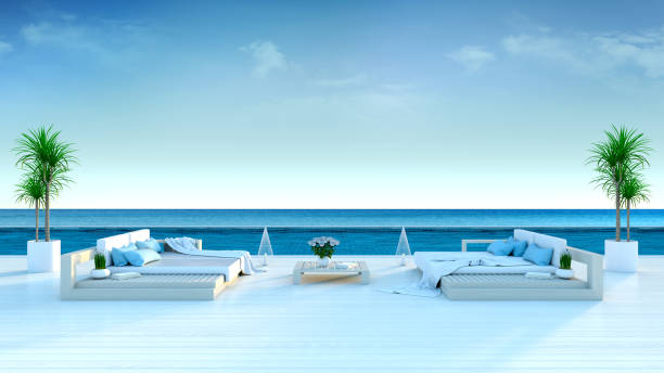 istock Summer ,beach lounge, sun loungers on Sunbathing deck and private swimming pool with  panoramic sea view at luxury villa/3d rendering 834177656