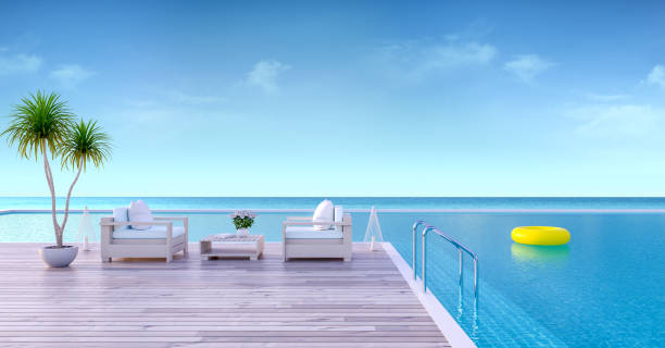 istock Vacation time , Wood sofa on Sunbathing deck and private swimming pool with  panoramic sea view at luxury villa/3d rendering 834177808