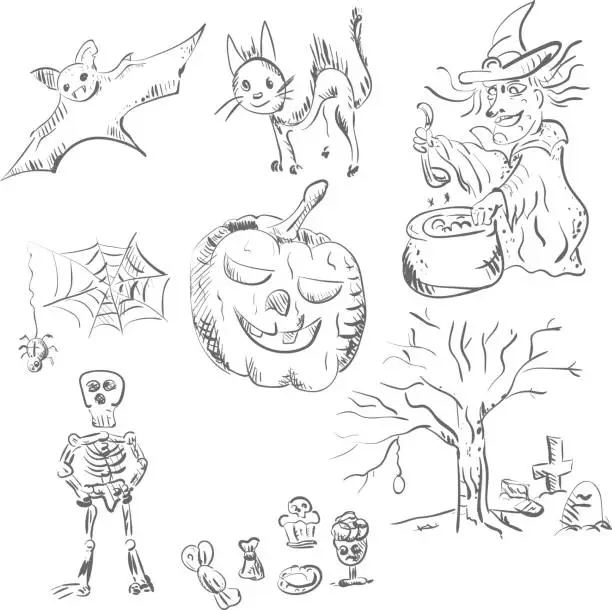 Vector illustration of Sketch characters halloween celebrations