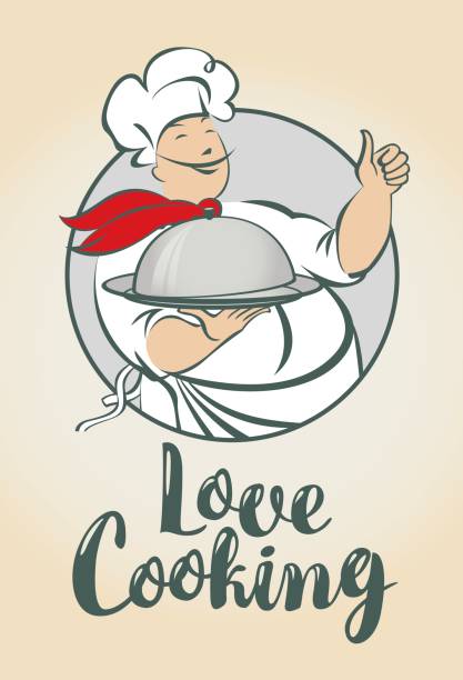 요리를 사랑 하는 단어와 웃는 요리사 배너 - waiter thumbs up restaurant cheerful stock illustrations