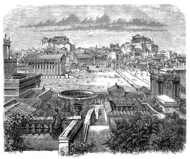 Roman Forum, visual reconstruction Illustration of a Roman Forum, visual reconstruction bucharest people stock illustrations