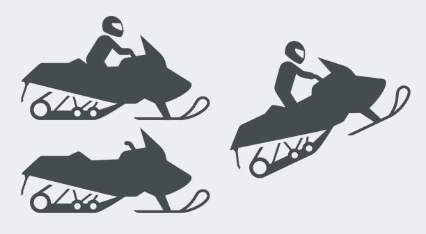illustrations, cliparts, dessins animés et icônes de silhouettes de motoneige sur fond gris - snow jumping snowmobiling sled