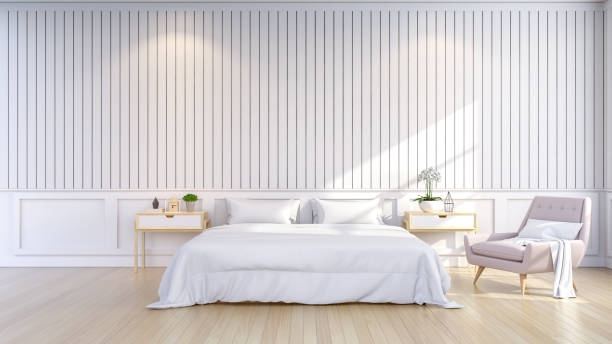 istock Minimalist and scandinavian Style , cozy Bedroom Interior, white room ,3d render 834293056