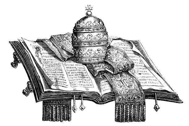 ilustrações de stock, clip art, desenhos animados e ícones de pope hat and scarf on holy book - ancient rome illustration and painting engraving engraved image