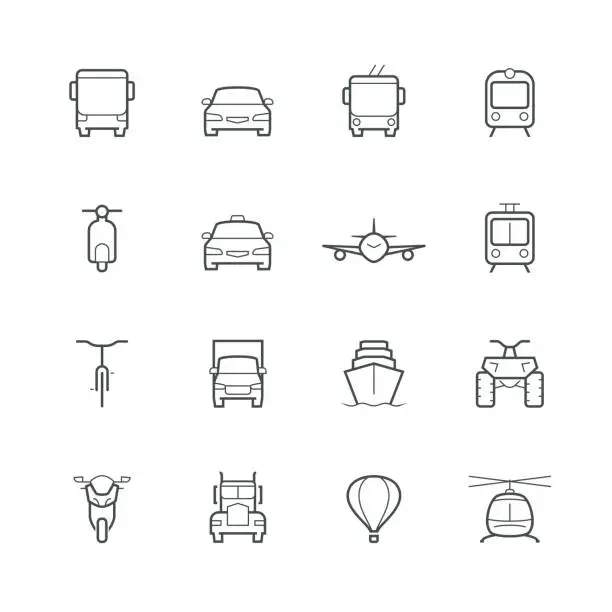 Vector illustration of Transportation icons in thin line style, front view